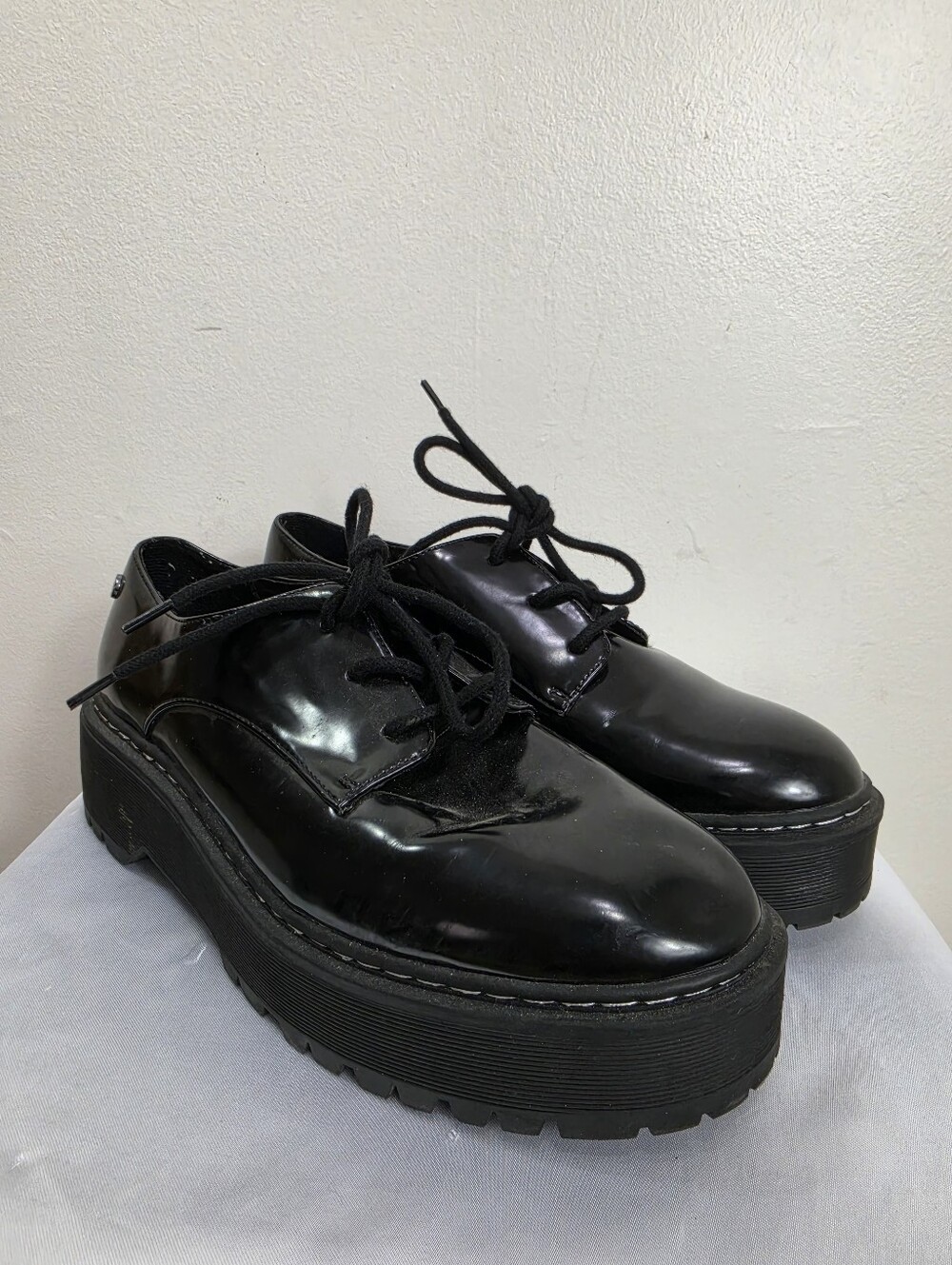 Vegan Oxford Black Patent Platform Lace-Up Shoes